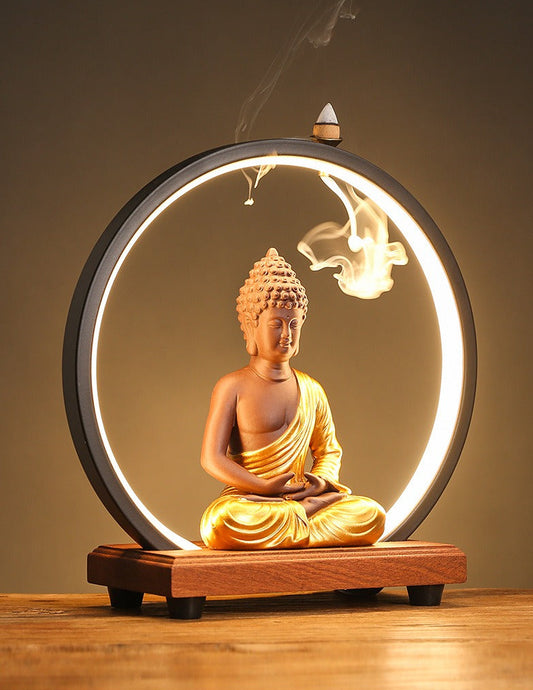 LED Light Ring Illuminated Zen Buddha Backflow Incense Burner - Serene Home Decor for Entryway & Study