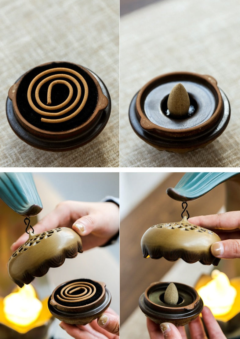 LED Ceramic Lotus Hanging Backflow Incense Burner - Multifunctional Aromatherapy Decor
