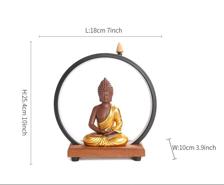 LED Light Ring Illuminated Zen Buddha Backflow Incense Burner - Serene Home Decor for Entryway & Study