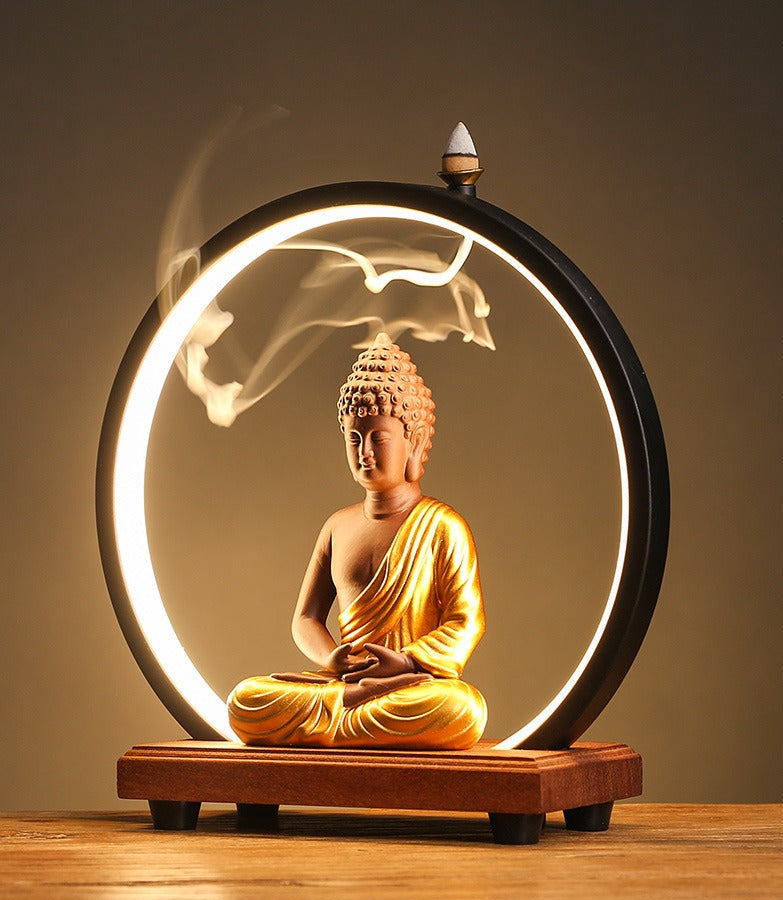 LED Light Ring Illuminated Zen Buddha Backflow Incense Burner - Serene Home Decor for Entryway & Study