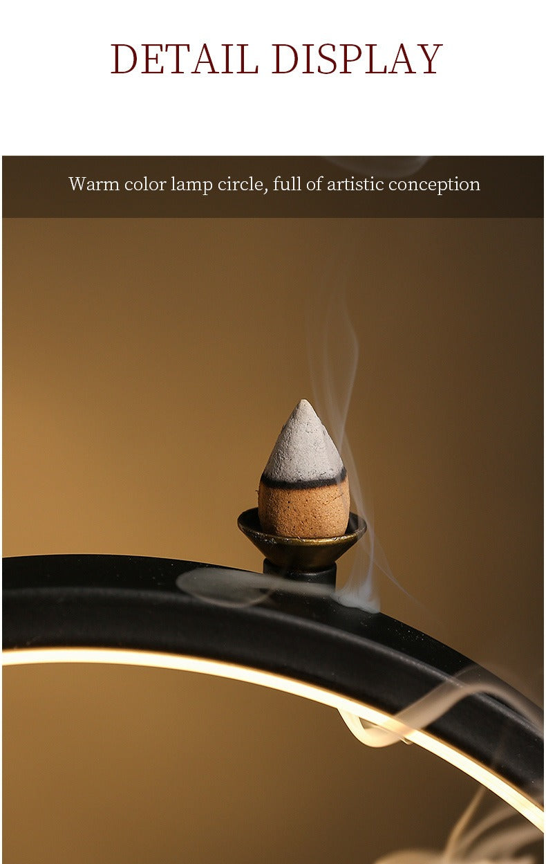 LED Light Ring Illuminated Zen Buddha Backflow Incense Burner - Serene Home Decor for Entryway & Study