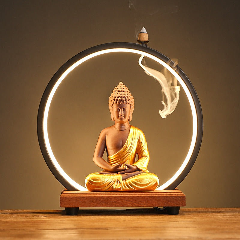 LED Light Ring Illuminated Zen Buddha Backflow Incense Burner - Serene Home Decor for Entryway & Study