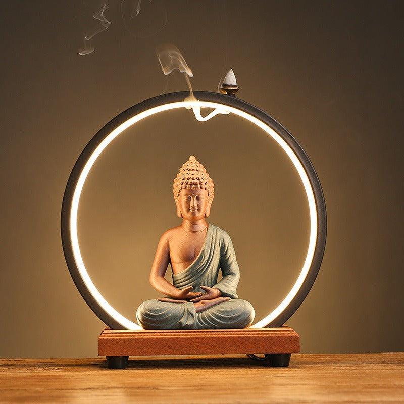 LED Light Ring Illuminated Zen Buddha Backflow Incense Burner - Serene Home Decor for Entryway & Study