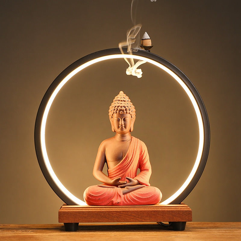 LED Light Ring Illuminated Zen Buddha Backflow Incense Burner - Serene Home Decor for Entryway & Study