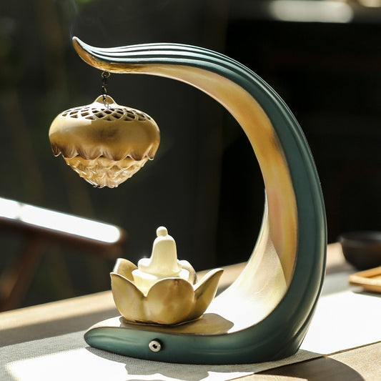 LED Ceramic Lotus Hanging Backflow Incense Burner - Multifunctional Aromatherapy Decor
