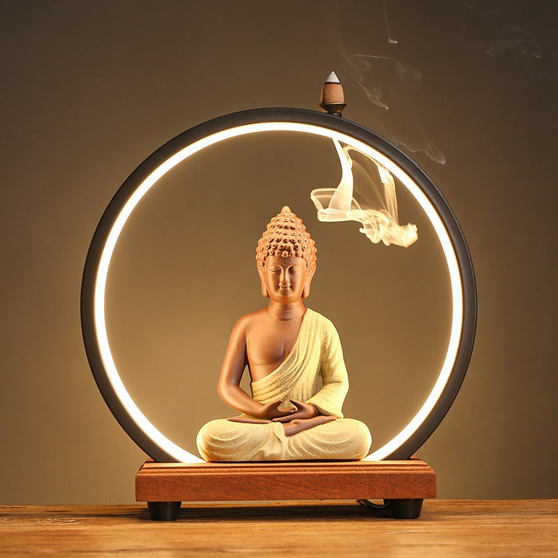LED Light Ring Illuminated Zen Buddha Backflow Incense Burner - Serene Home Decor for Entryway & Study