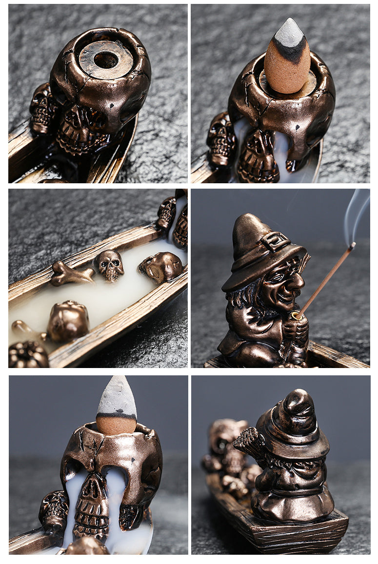 Witch Fishing with Skull Backflow Incense Burner – Unique Resin Aromatherapy Decor