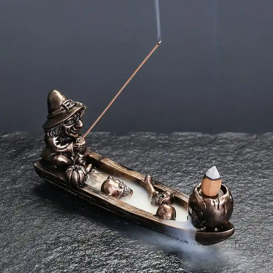 Witch Fishing with Skull Backflow Incense Burner – Unique Resin Aromatherapy Decor